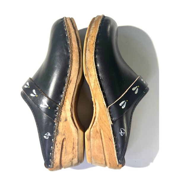 Handmade Swedish Black Leather Clogs With Hand-Painted Flowers Wood Sole Size 37 - Picture 10 of 16
